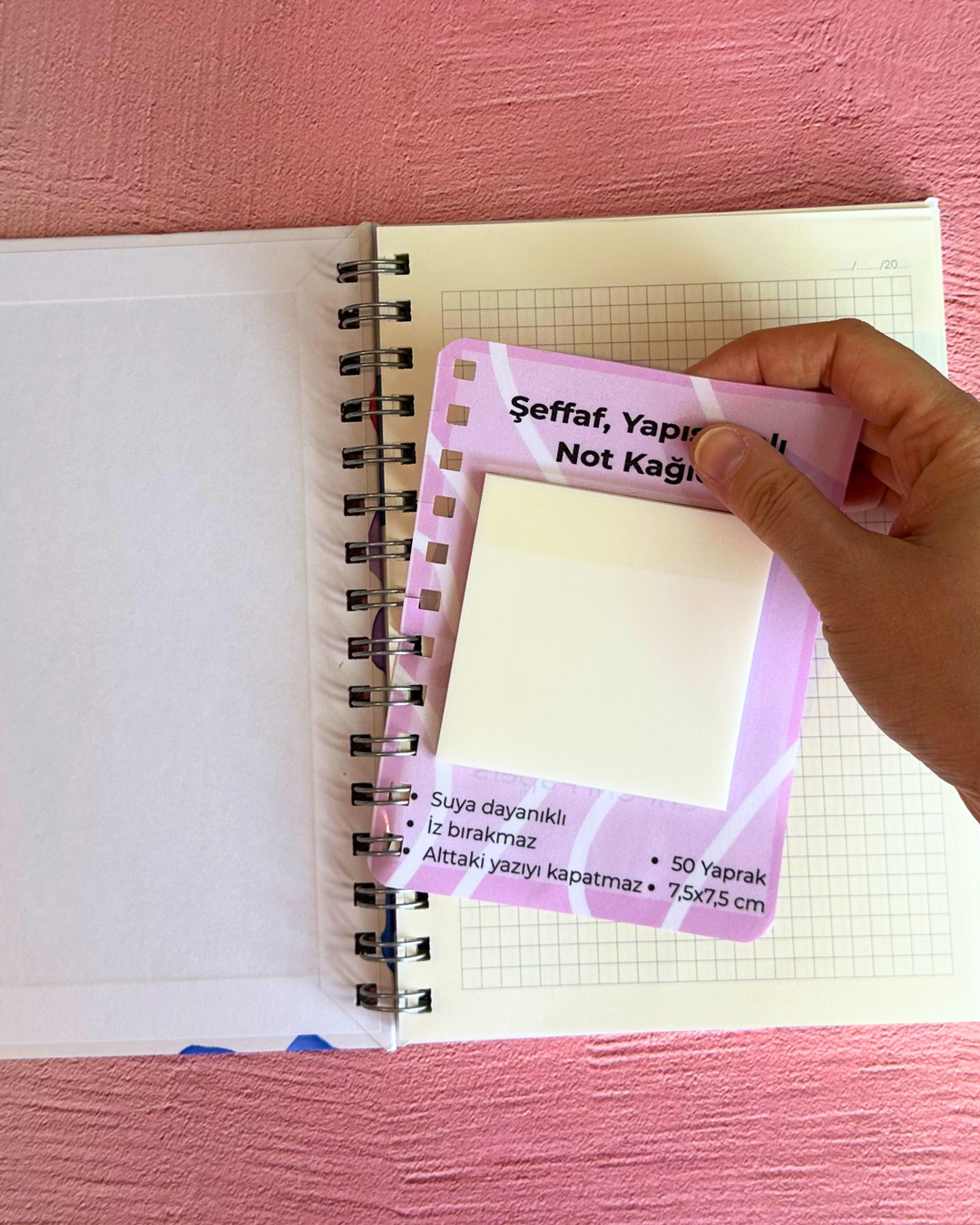 Şeffaf Yapışkanlı Not Kağıdı - 50 Yaprak - 7,5x7,5 cm - Spiralli Defter/Ajanda Uyumlu