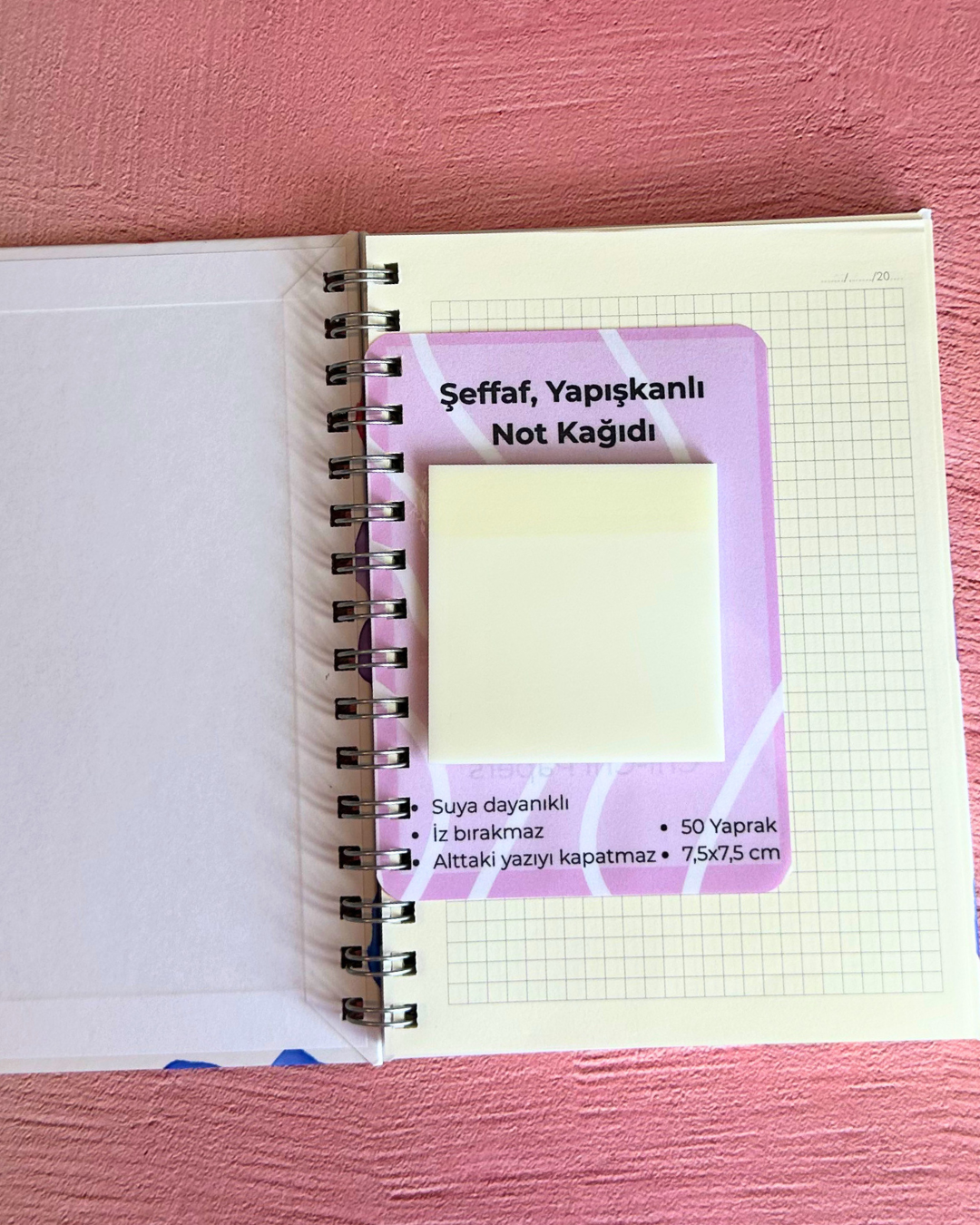 Şeffaf Yapışkanlı Not Kağıdı - 50 Yaprak - 7,5x7,5 cm - Spiralli Defter/Ajanda Uyumlu