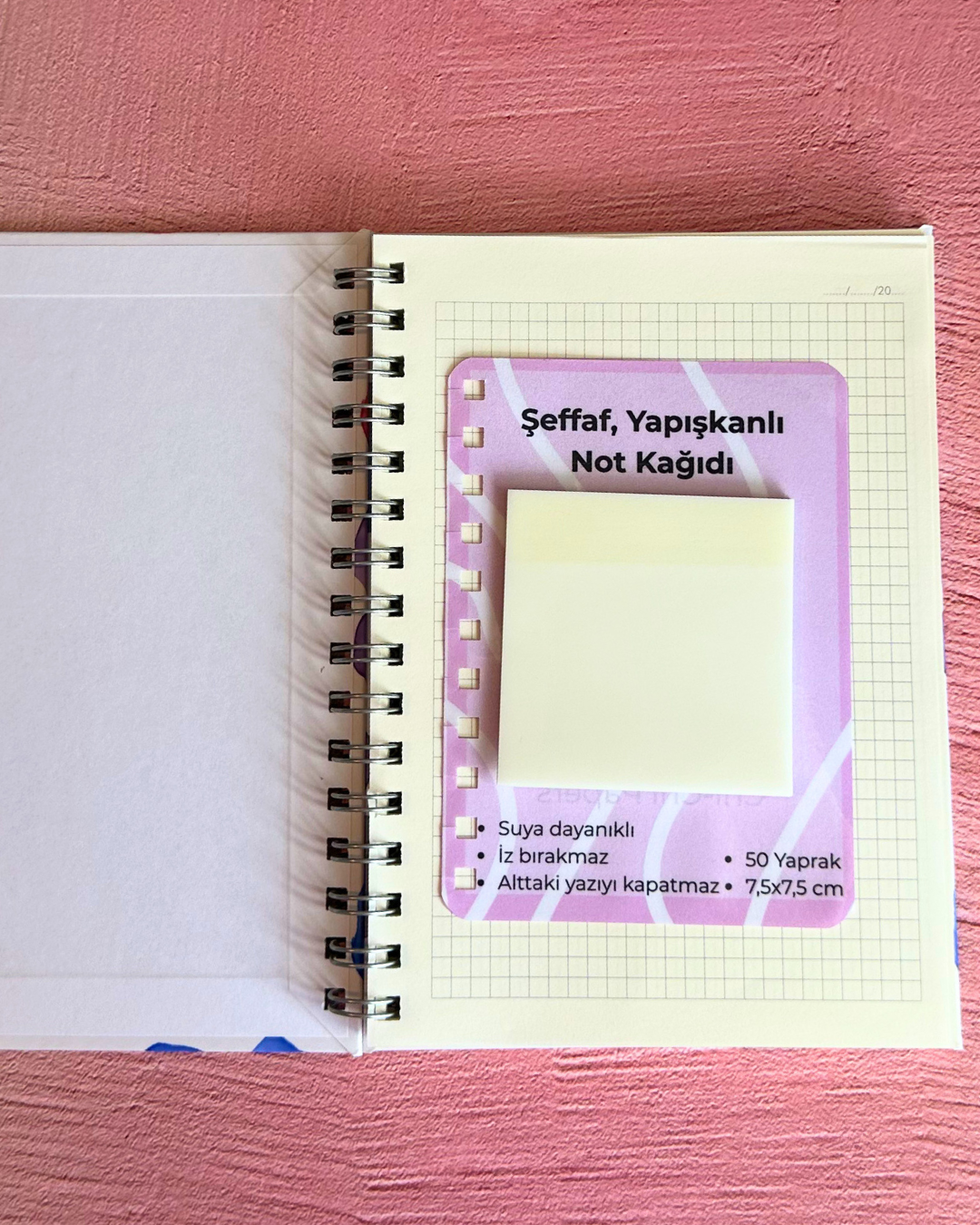 Şeffaf Yapışkanlı Not Kağıdı - 50 Yaprak - 7,5x7,5 cm - Spiralli Defter/Ajanda Uyumlu