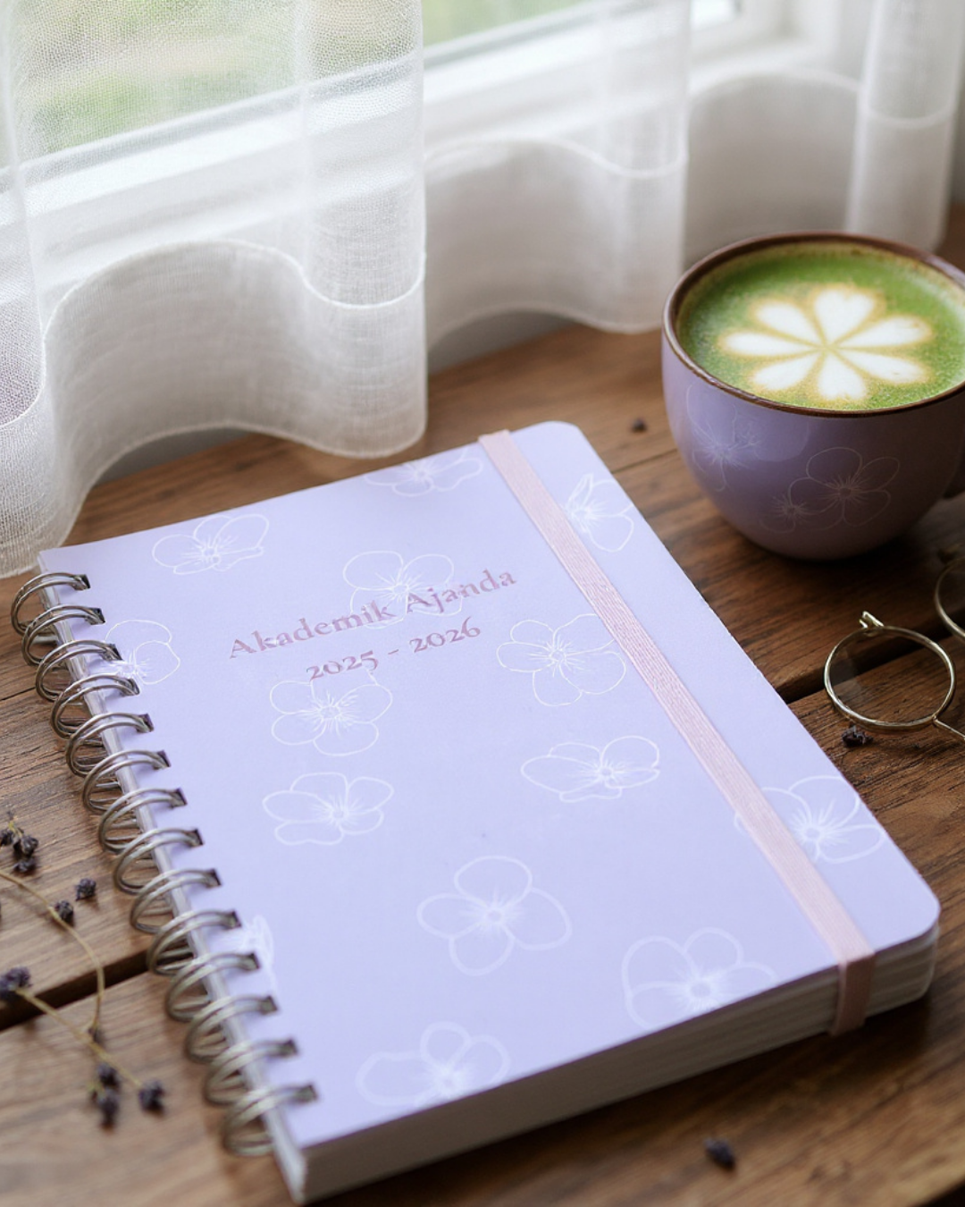 Akademik Ajanda 2025-2026 | A5 Spiralli – Stickerlı – El Yapımı - Eflatun Çiçekli
