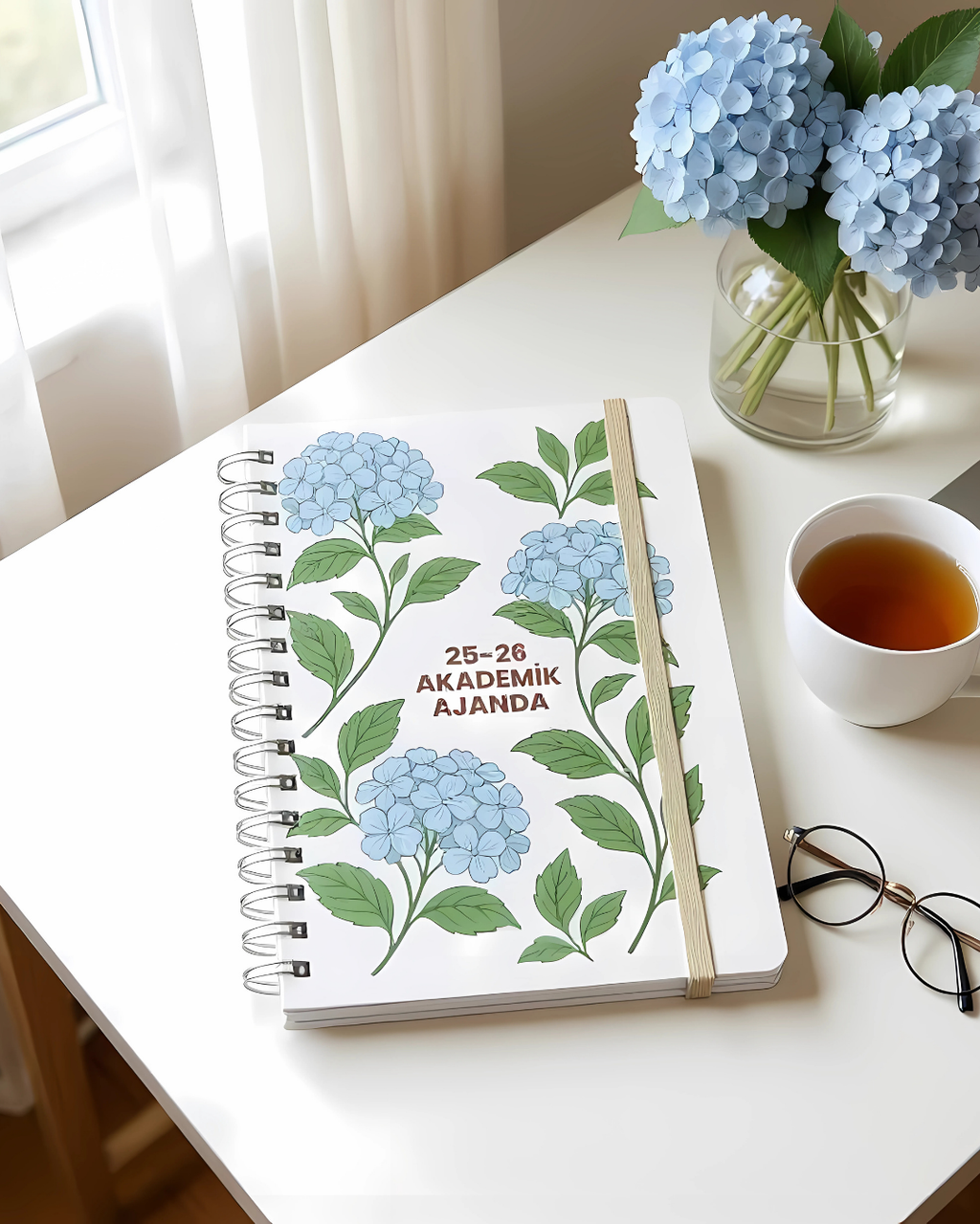 Akademik Ajanda 2025-2026 | A5 Spiralli – Stickerlı – El Yapımı - Mavi Ortanca