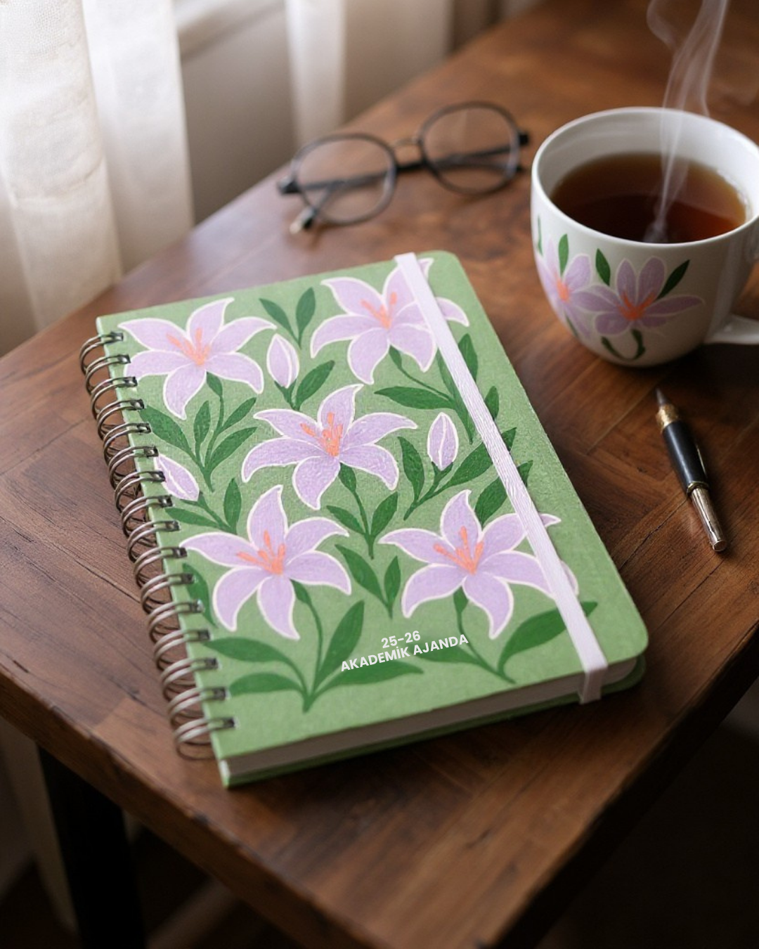 Akademik Ajanda 2025-2026 | A5 Spiralli – Stickerlı – El Yapımı - Mor Zambak