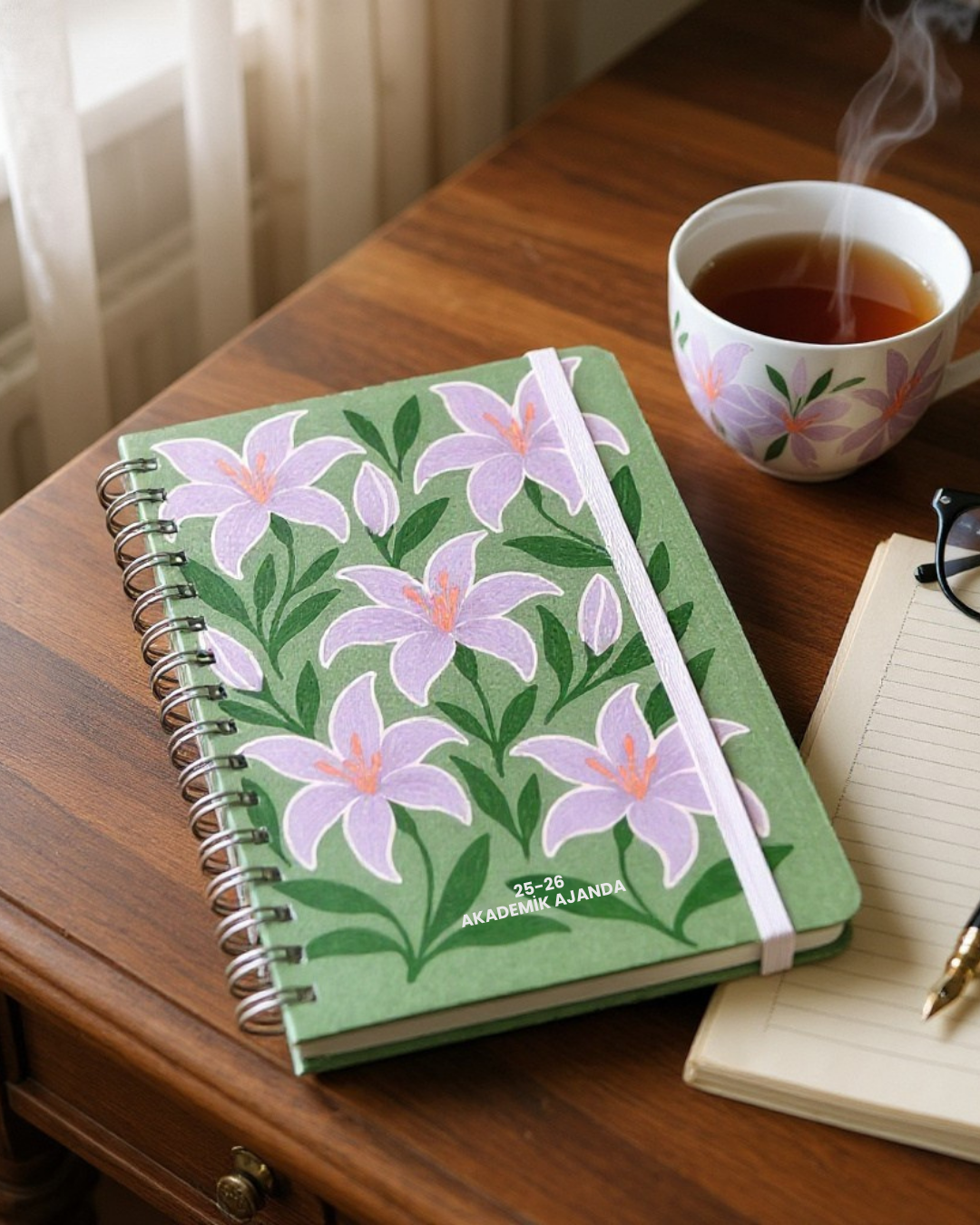 Akademik Ajanda 2025-2026 | A5 Spiralli – Stickerlı – El Yapımı - Mor Zambak