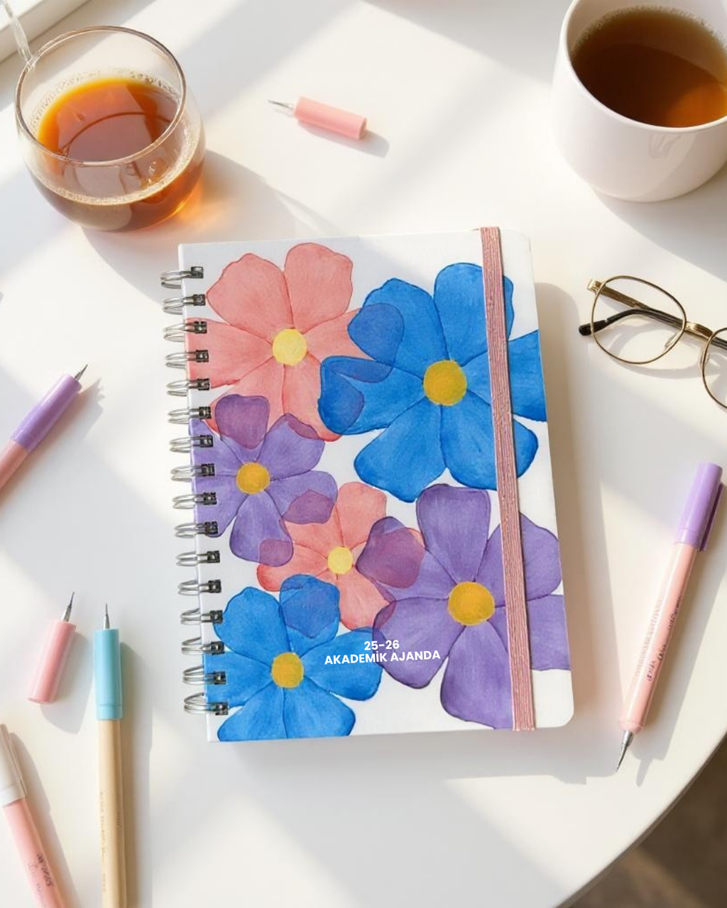 Akademik Ajanda 2025-2026 | A5 Spiralli – Stickerlı – El Yapımı - İri Çiçekli