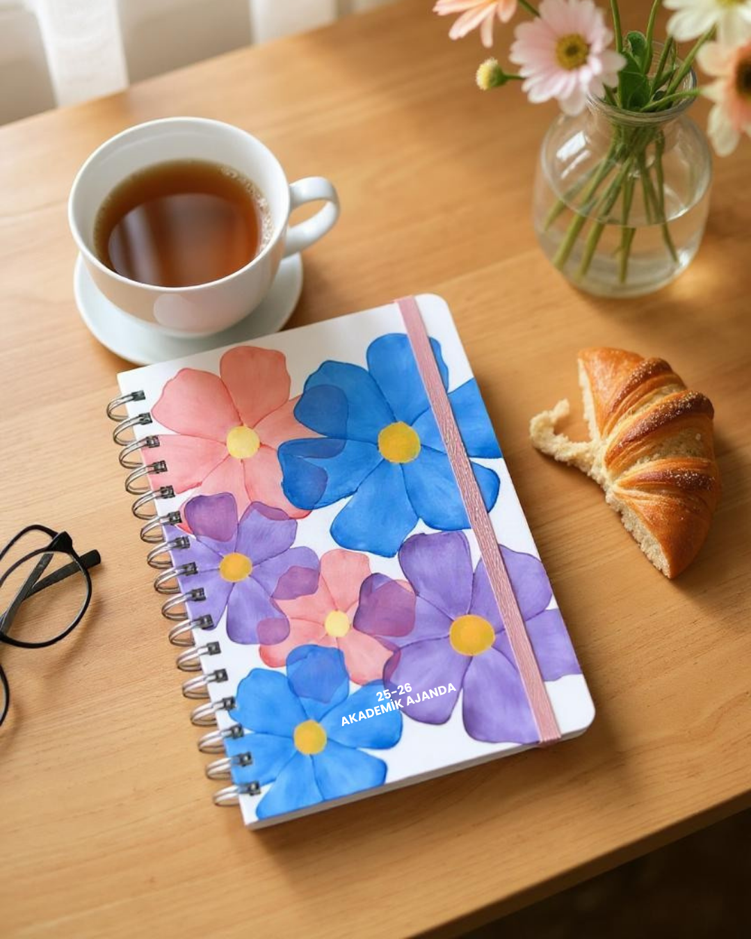 Akademik Ajanda 2025-2026 | A5 Spiralli – Stickerlı – El Yapımı - İri Çiçekli