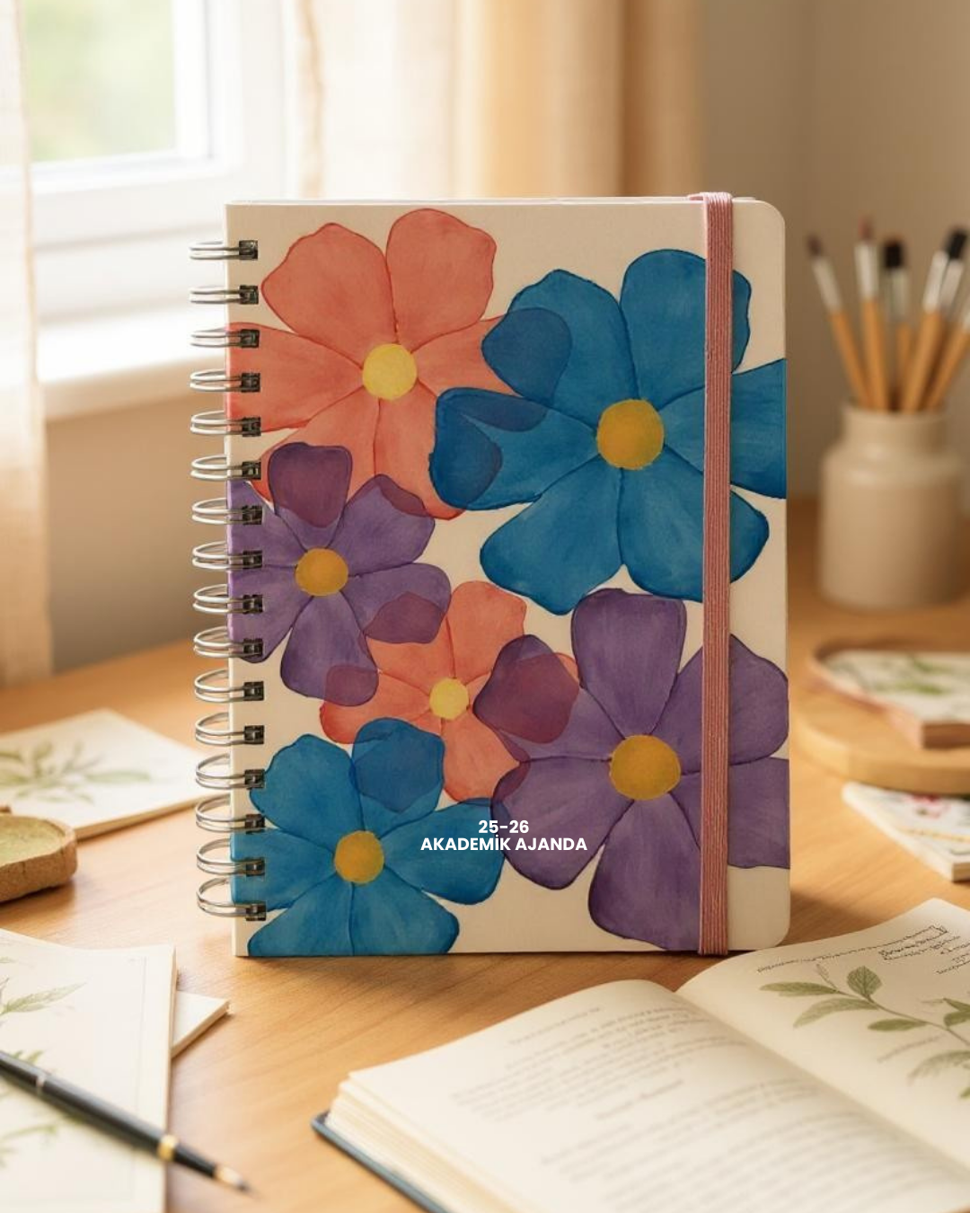 Akademik Ajanda 2025-2026 | A5 Spiralli – Stickerlı – El Yapımı - İri Çiçekli