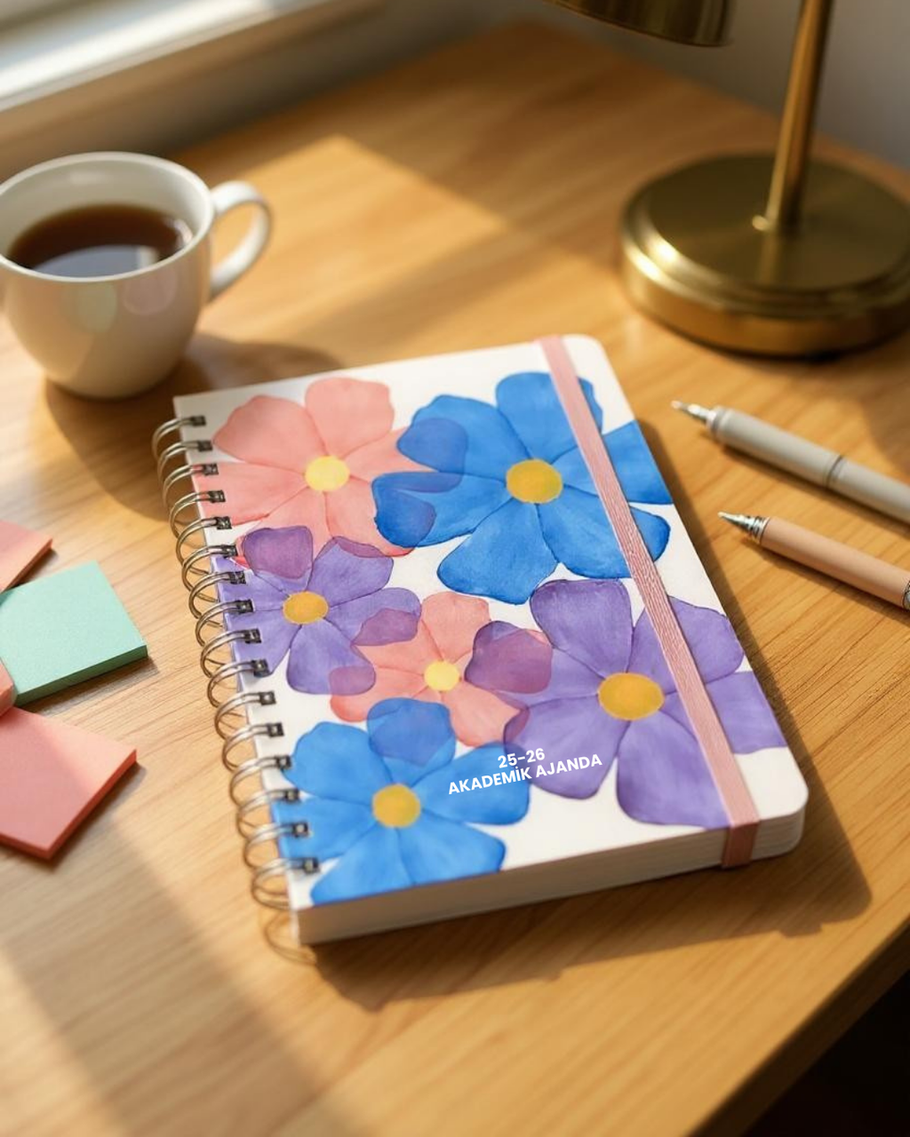 Akademik Ajanda 2025-2026 | A5 Spiralli – Stickerlı – El Yapımı - İri Çiçekli