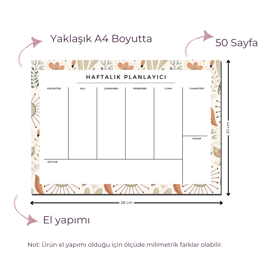 A4 Boyutunda Büyük Haftalık Planlayıcı - Geniş Alanı ile Organizasyonunuzu Kolaylaştırın! - Amy