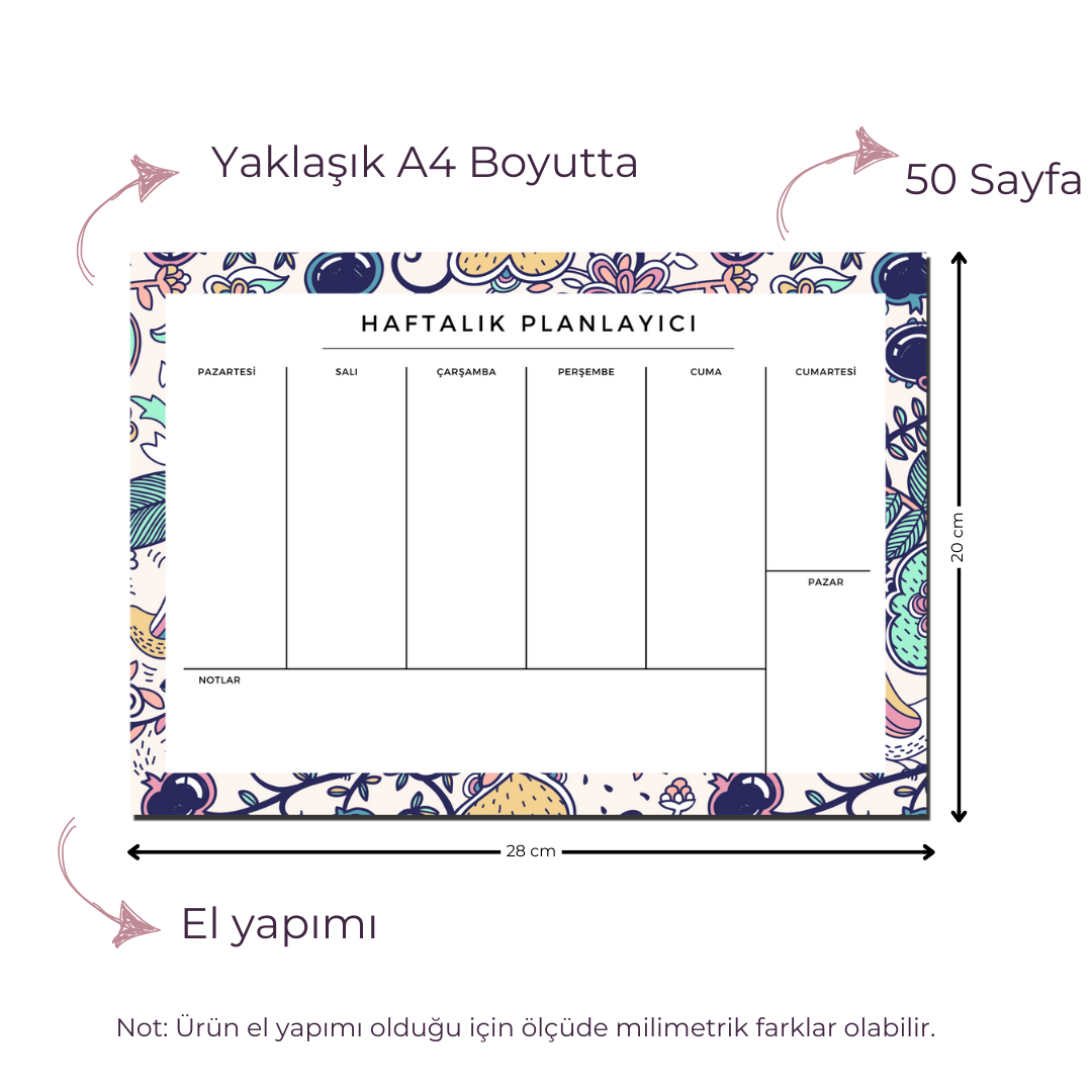 A4 Boyutunda Büyük Haftalık Planlayıcı - Geniş Alanı ile Organizasyonunuzu Kolaylaştırın! - Camelia