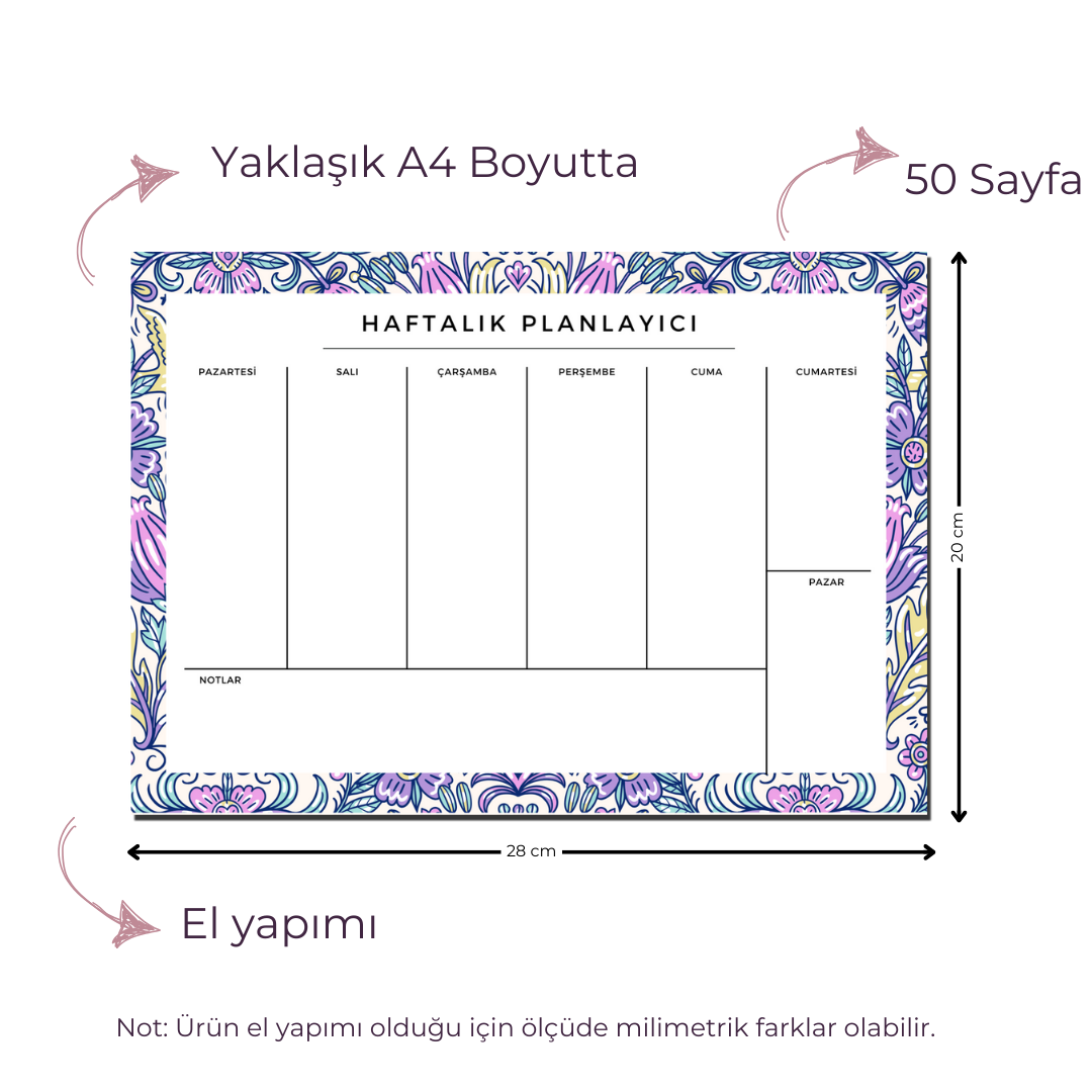 A4 Boyutunda Büyük Haftalık Planlayıcı - Geniş Alanı ile Organizasyonunuzu Kolaylaştırın! - Carmen