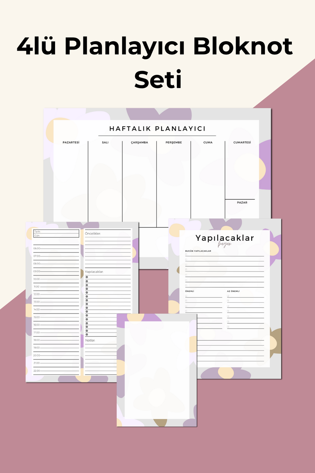 Planlayıcı Bloknot Seti - 4'lü Planlayıcı Bloknot Seti - Çiçekli (Büyük Boy Haftalık Planlayıcılı)