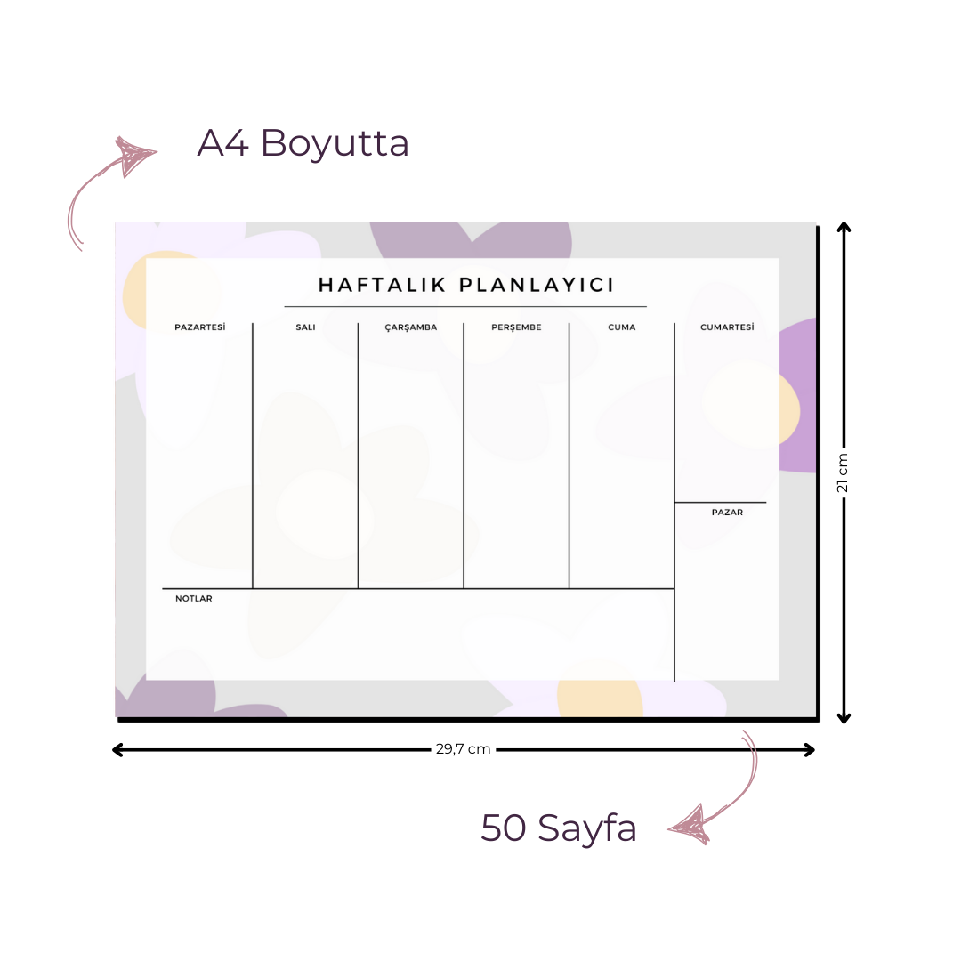 A4 Boyutunda Büyük Haftalık Planlayıcı - Geniş Alanı ile Organizasyonunuzu Kolaylaştırın! - Çiçekli