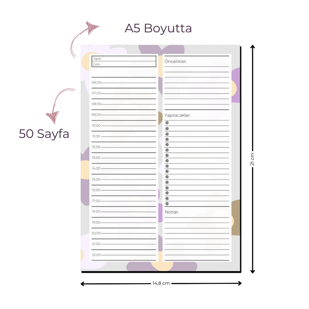 A5 Boyutunda Günlük Planlayıcı - Gününüzü Daha Verimli ve Düzenli Geçirin! - Çiçekli
