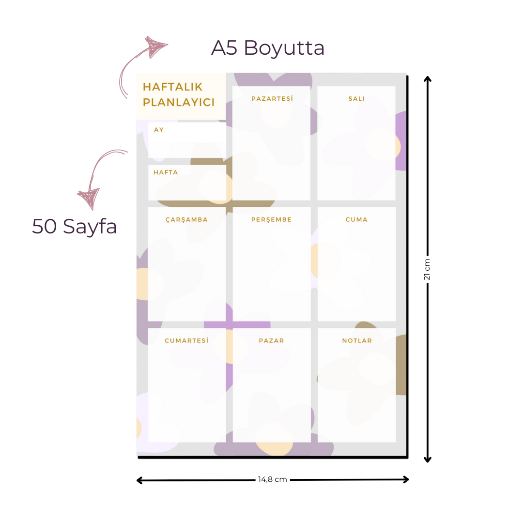 A5 Boyutunda Haftalık Planlayıcı - Organizasyon ve Verimlilik İçin Mükemmel Çözüm! - Çiçekli