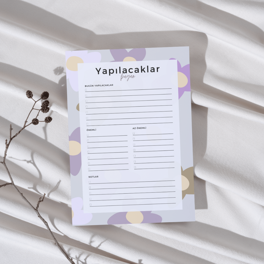 A5 Boyutunda Yapılacaklar Listesi Planlayıcı - Görevlerinizi Kolayca Takip Edin! - Çiçekli