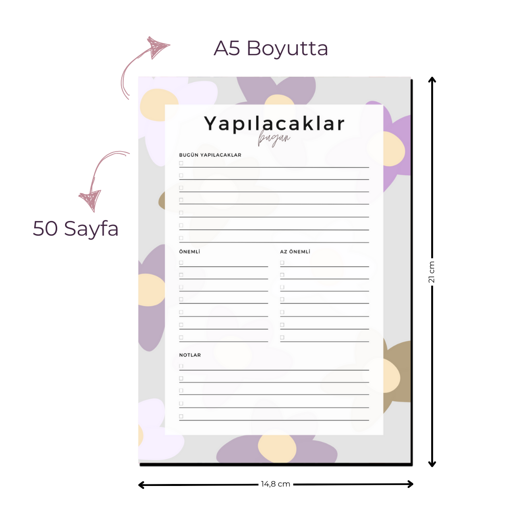 A5 Boyutunda Yapılacaklar Listesi Planlayıcı - Görevlerinizi Kolayca Takip Edin! - Çiçekli