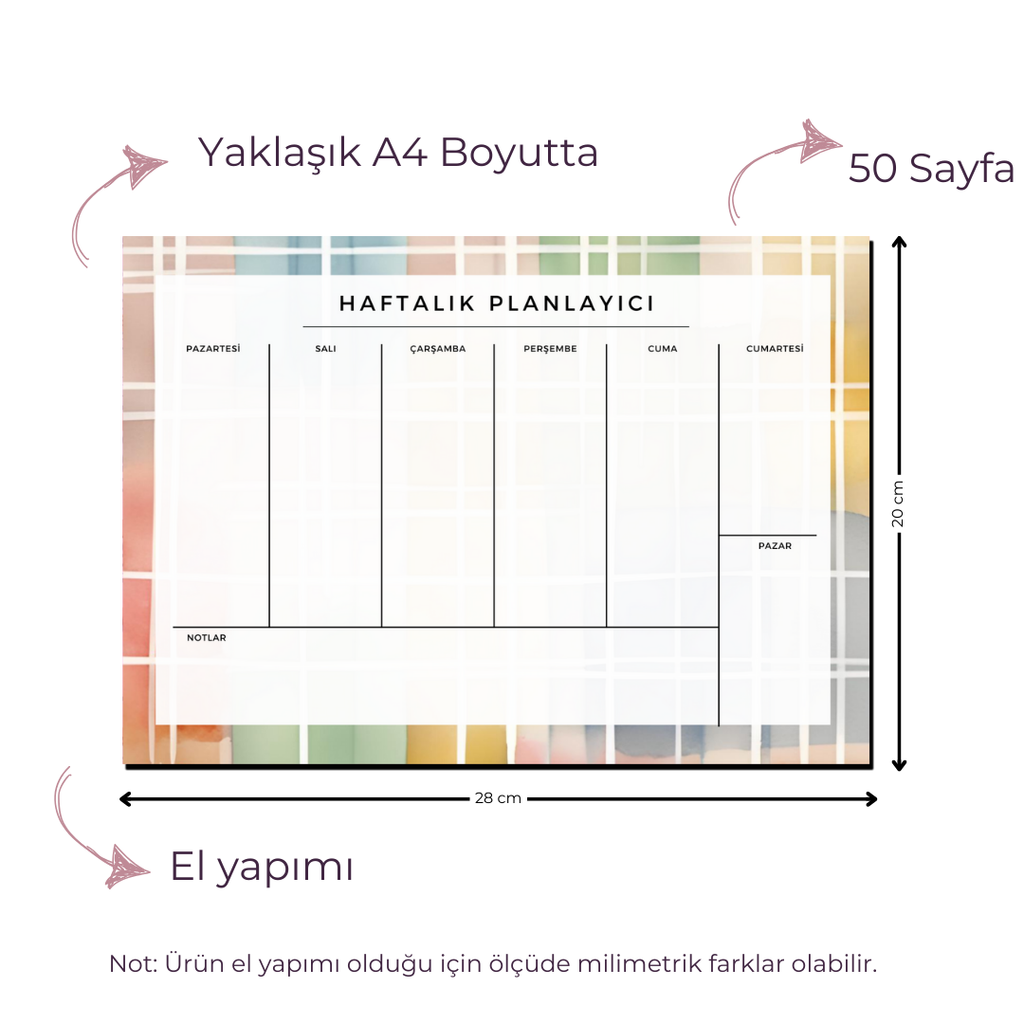A4 Boyutunda Büyük Haftalık Planlayıcı - Geniş Alanı ile Organizasyonunuzu Kolaylaştırın! - Ekose