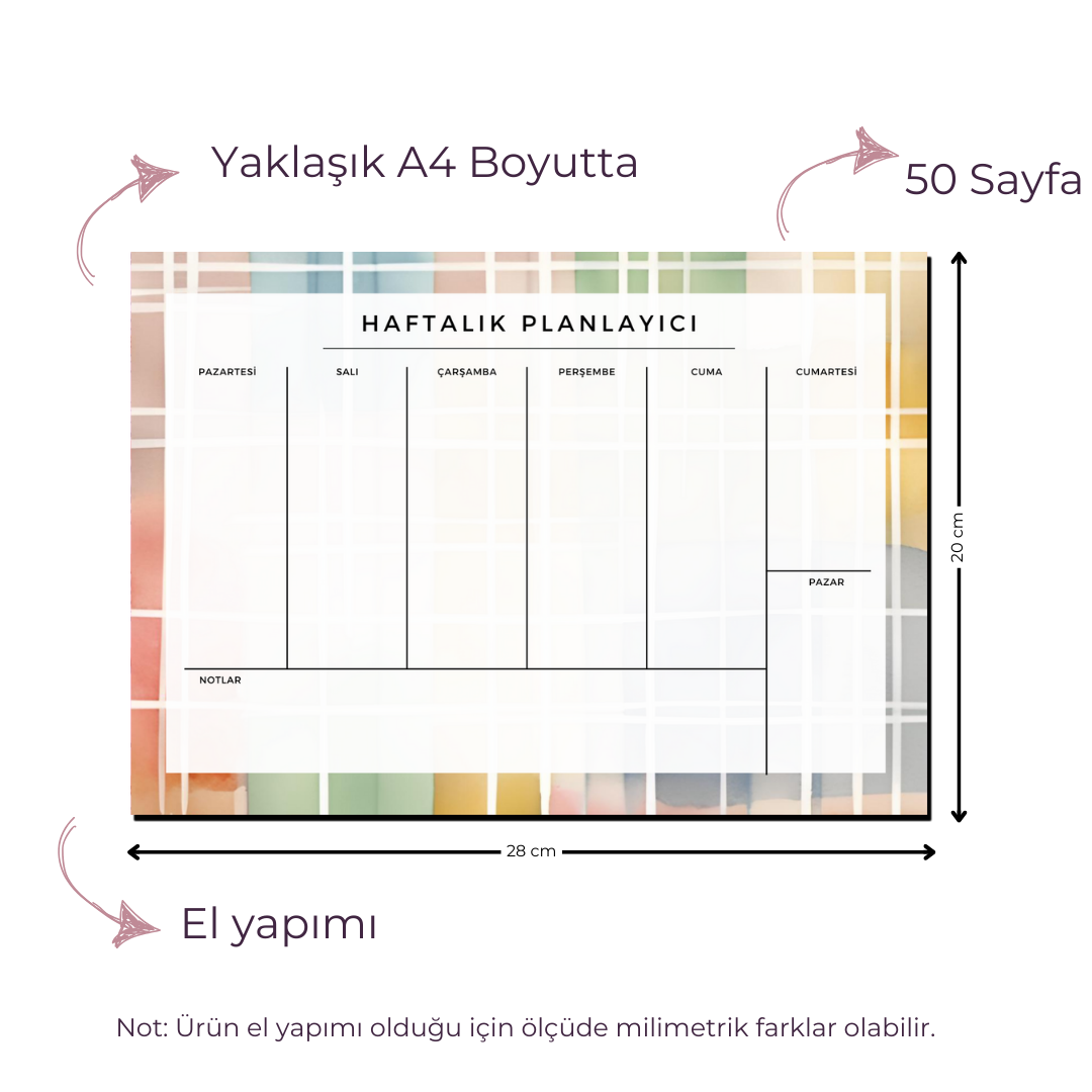 A4 Boyutunda Büyük Haftalık Planlayıcı - Geniş Alanı ile Organizasyonunuzu Kolaylaştırın! - Ekose