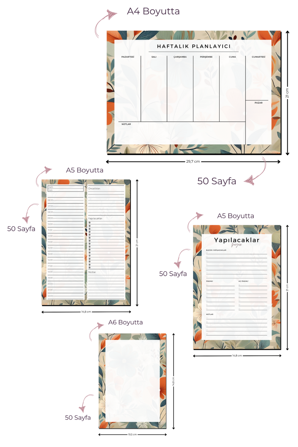 Planlayıcı Bloknot Seti - 4'lü Planlayıcı Bloknot Seti - Gelincik (Büyük Boy Haftalık Planlayıcılı)