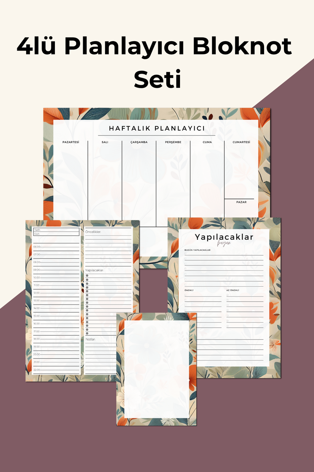 Planlayıcı Bloknot Seti - 4'lü Planlayıcı Bloknot Seti - Gelincik (Büyük Boy Haftalık Planlayıcılı)
