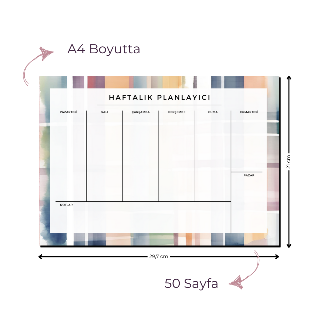 A4 Boyutunda Büyük Haftalık Planlayıcı - Geniş Alanı ile Organizasyonunuzu Kolaylaştırın! - Gökkuşağı
