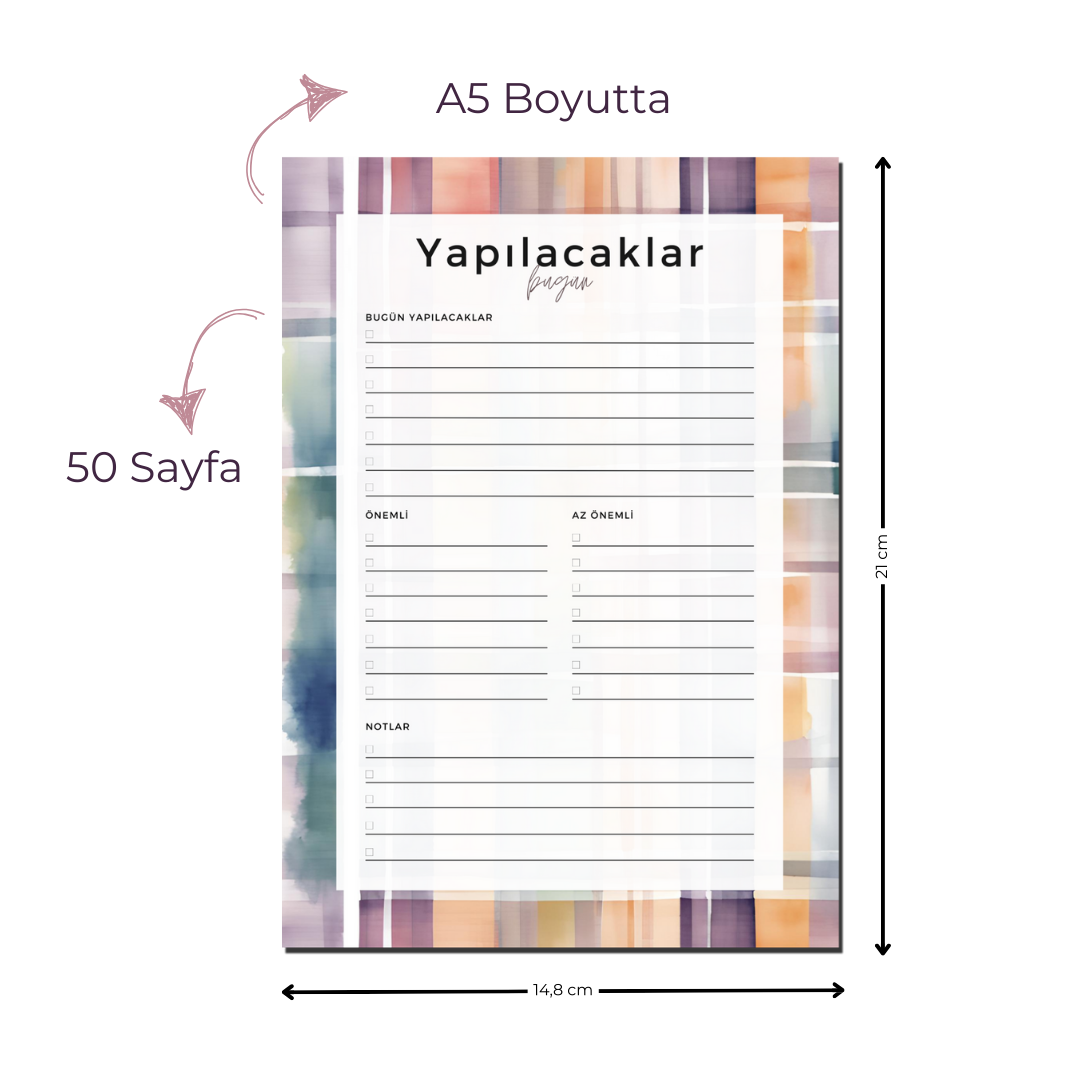 A5 Boyutunda Yapılacaklar Listesi Planlayıcı - Görevlerinizi Kolayca Takip Edin! - Gökkuşağı