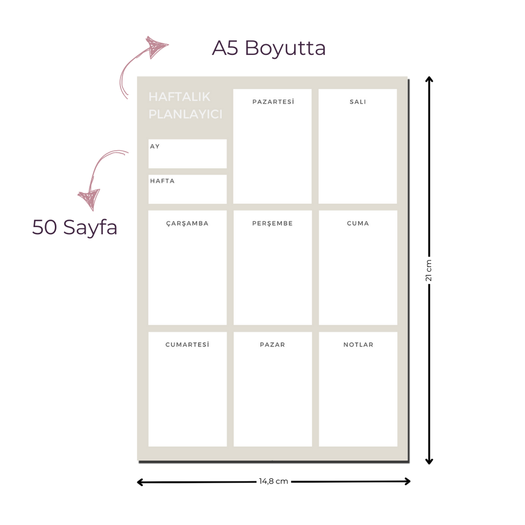 A5 Boyutunda Haftalık Planlayıcı - Organizasyon ve Verimlilik İçin Mükemmel Çözüm! - Gri