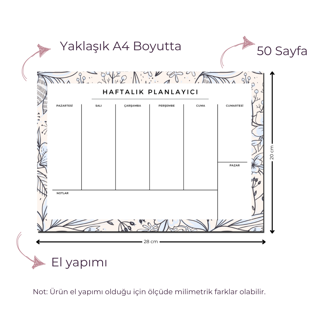 A4 Boyutunda Büyük Haftalık Planlayıcı - Geniş Alanı ile Organizasyonunuzu Kolaylaştırın! - Jennifer