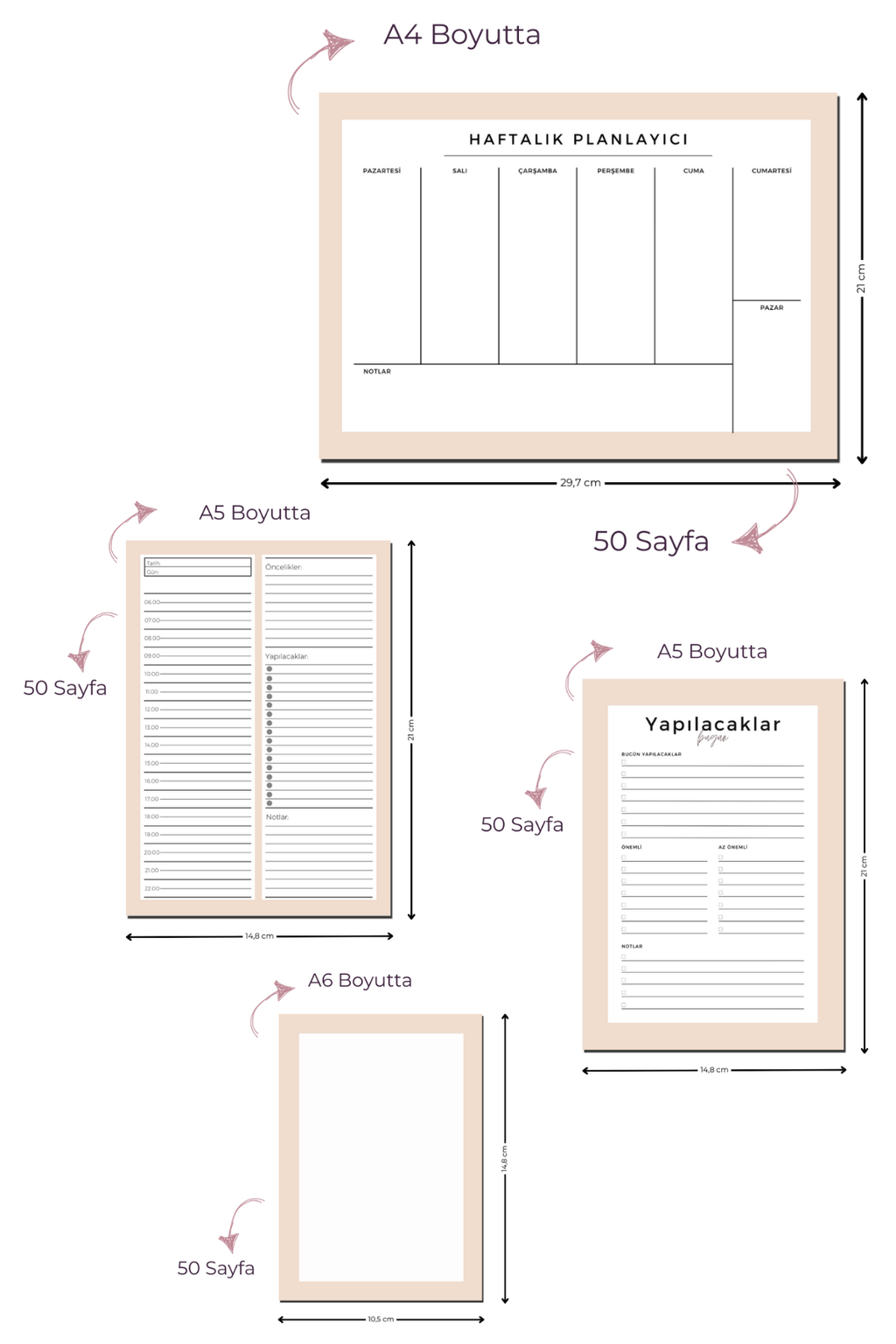 Planlayıcı Bloknot Seti - 4'lü Planlayıcı Bloknot Seti - Krem (Büyük Boy Haftalık Planlayıcılı)