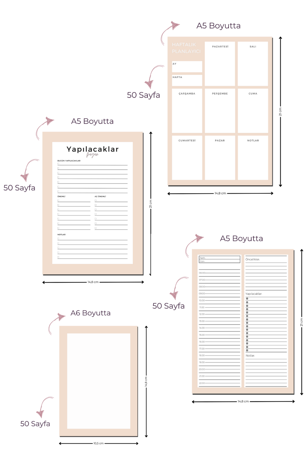 Planlayıcı Bloknot Seti - 4'lü Planlayıcı Bloknot Seti - Krem (Küçük Boy Haftalık Planlayıcılı)
