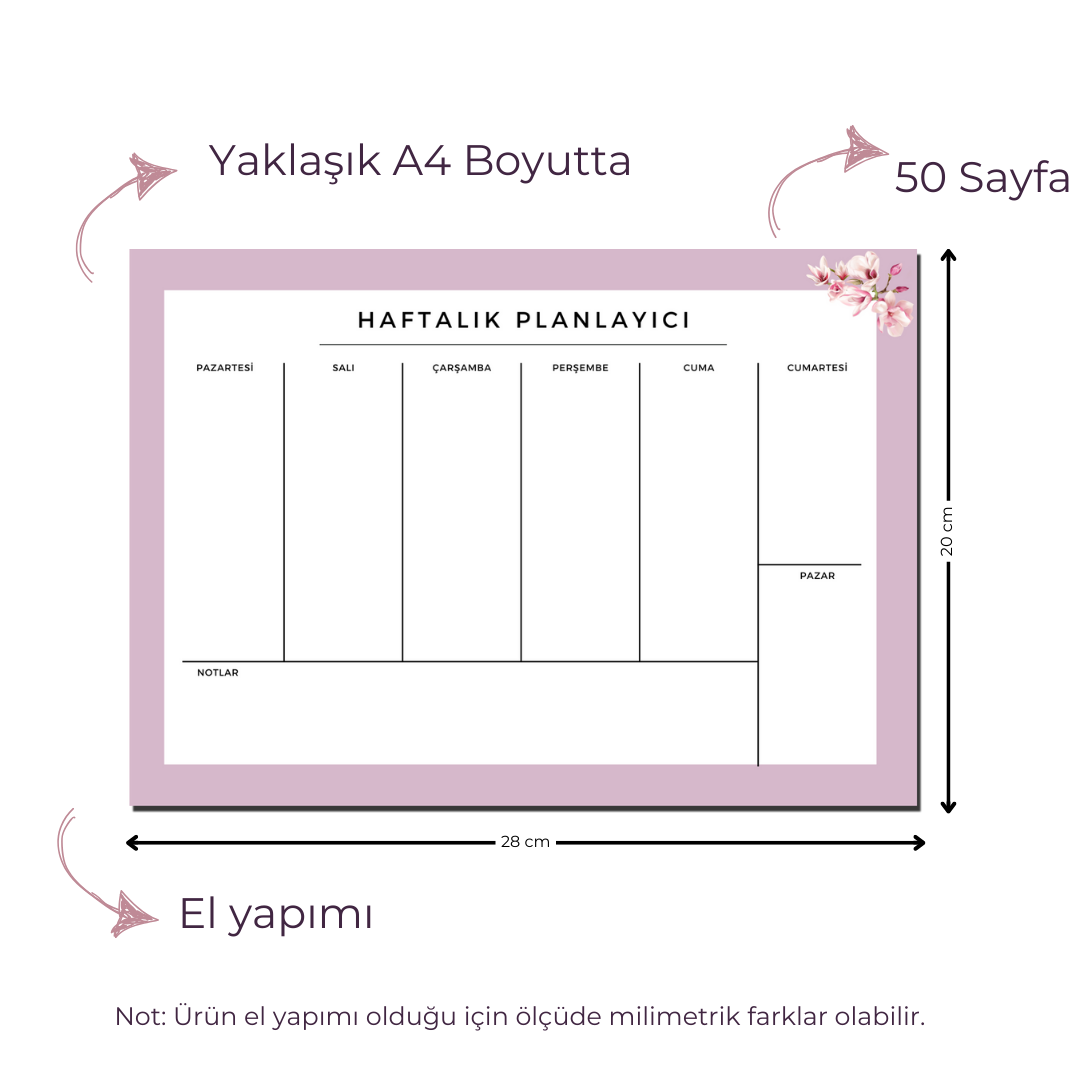 A4 Boyutunda Büyük Haftalık Planlayıcı - Geniş Alanı ile Organizasyonunuzu Kolaylaştırın! - Magnolia