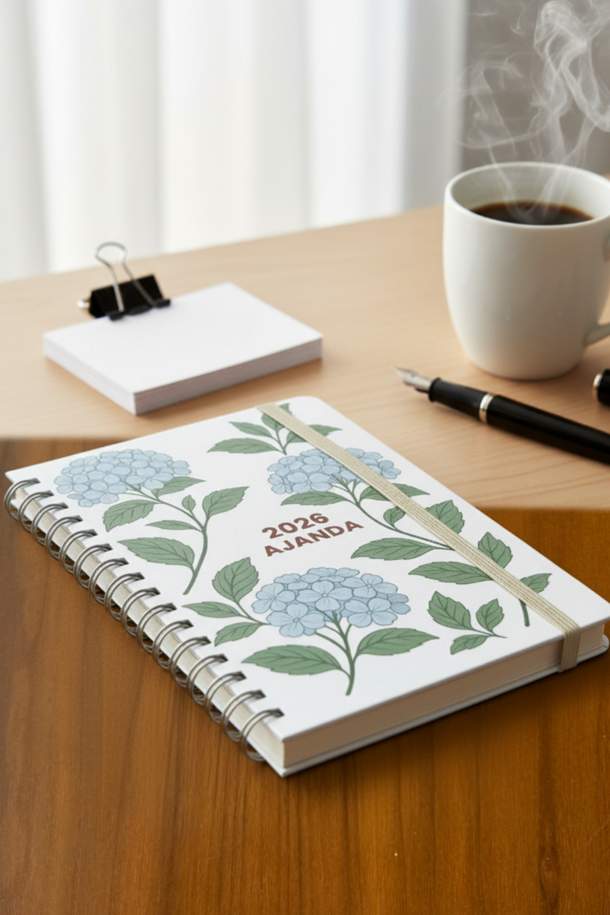 2026 Haftalık Ajandası - El Yapımı, 2 Sayfa Stickerlı - Mavi Ortanca