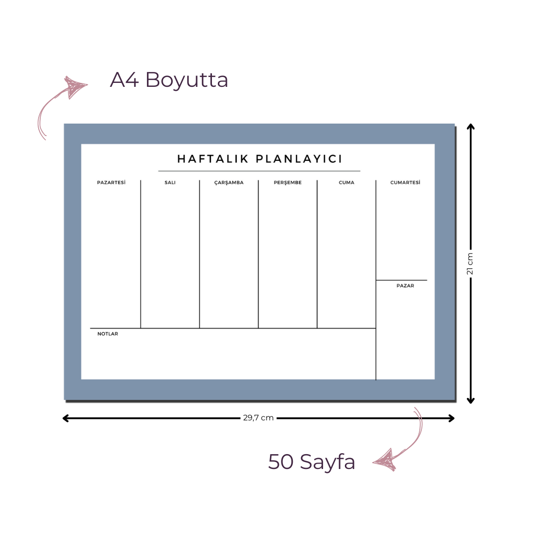 A4 Boyutunda Büyük Haftalık Planlayıcı - Geniş Alanı ile Organizasyonunuzu Kolaylaştırın! - Mavi