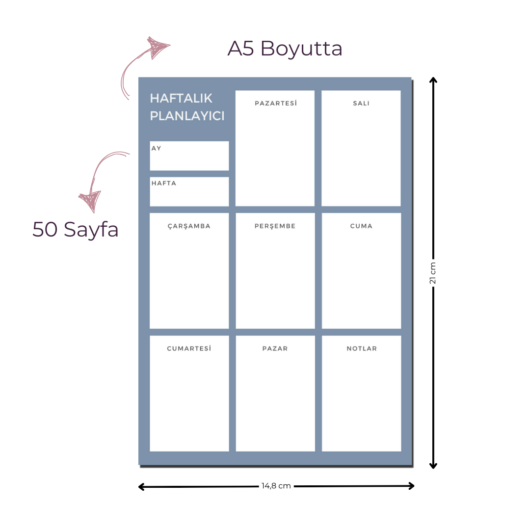 A5 Boyutunda Haftalık Planlayıcı - Organizasyon ve Verimlilik İçin Mükemmel Çözüm! - Mavi