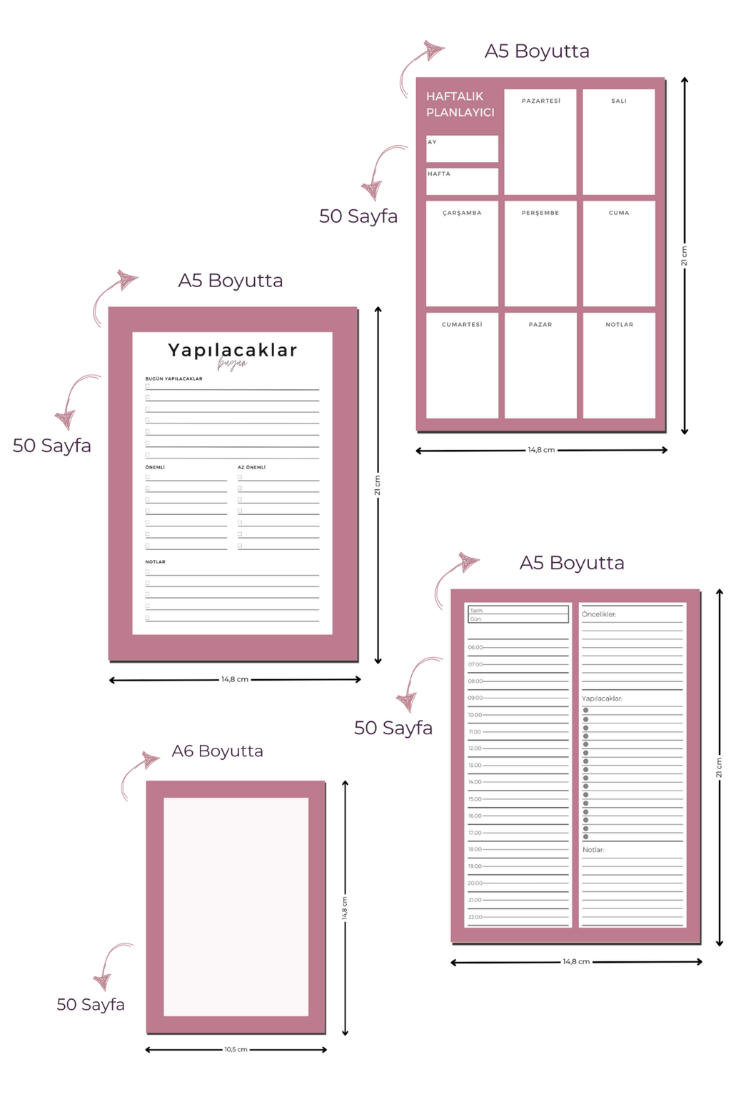 Planlayıcı Bloknot Seti - 4'lü Planlayıcı Bloknot Seti - Pembe (Küçük Boy Haftalık Planlayıcılı)