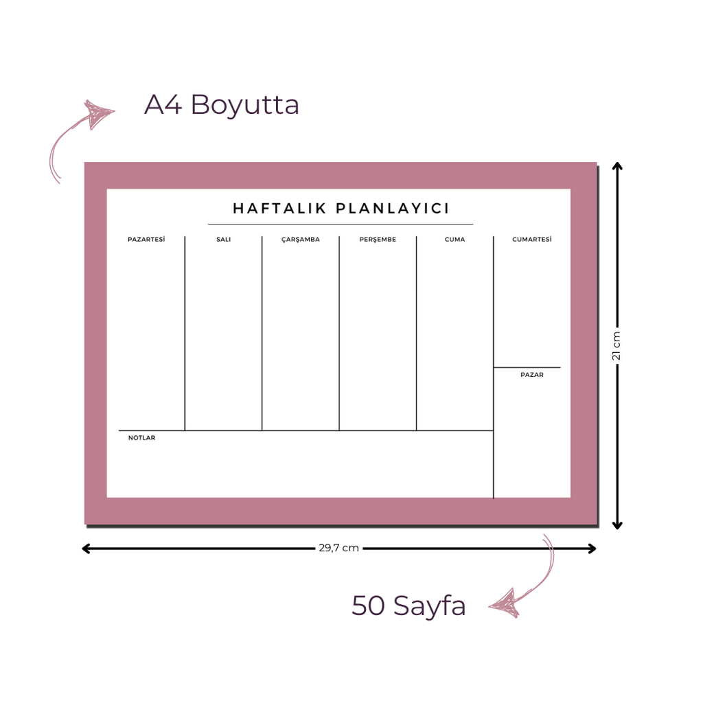 A4 Boyutunda Büyük Haftalık Planlayıcı - Geniş Alanı ile Organizasyonunuzu Kolaylaştırın! - Pembe