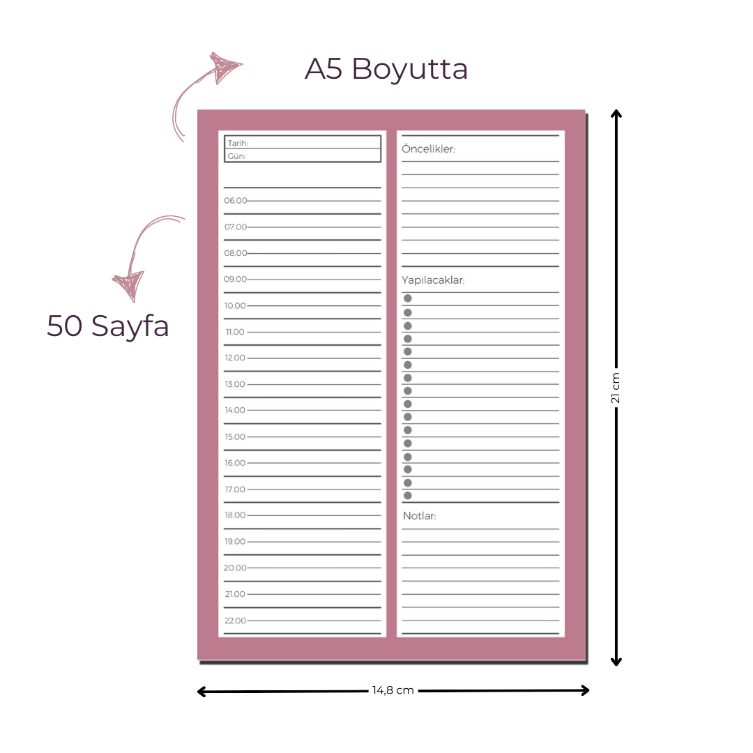 A5 Boyutunda Günlük Planlayıcı - Gününüzü Daha Verimli ve Düzenli Geçirin! - Pembe