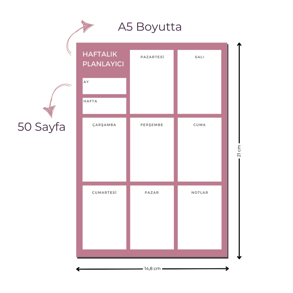A5 Boyutunda Haftalık Planlayıcı - Organizasyon ve Verimlilik İçin Mükemmel Çözüm! - Pembe