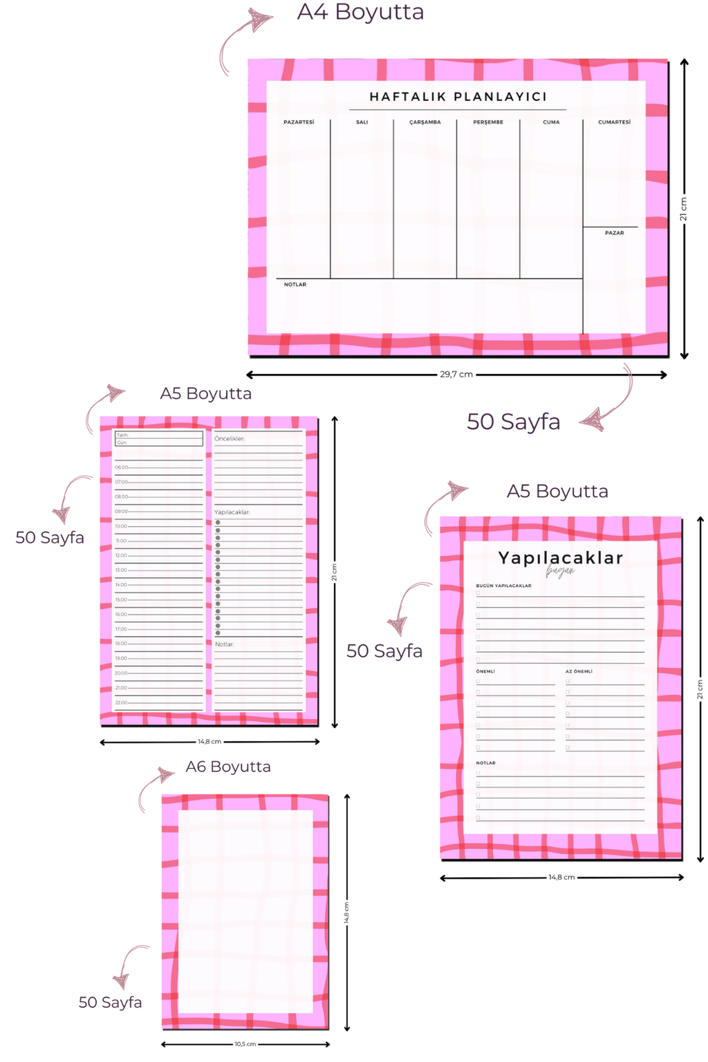 Planlayıcı Bloknot Seti - 4'lü Planlayıcı Bloknot Seti - Pinko (Büyük Boy Haftalık Planlayıcılı)