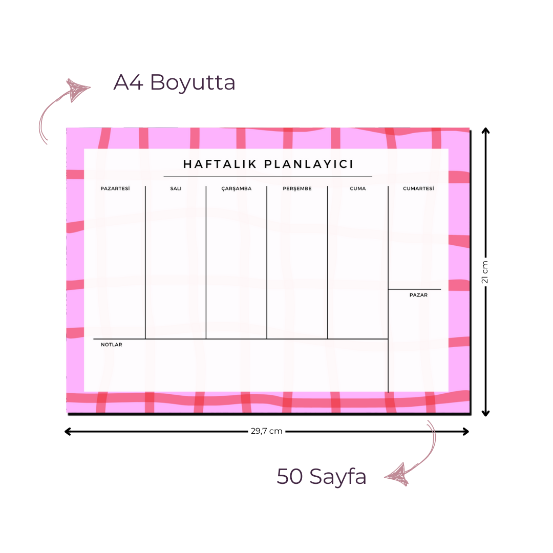 A4 Boyutunda Büyük Haftalık Planlayıcı - Geniş Alanı ile Organizasyonunuzu Kolaylaştırın! - Pinko