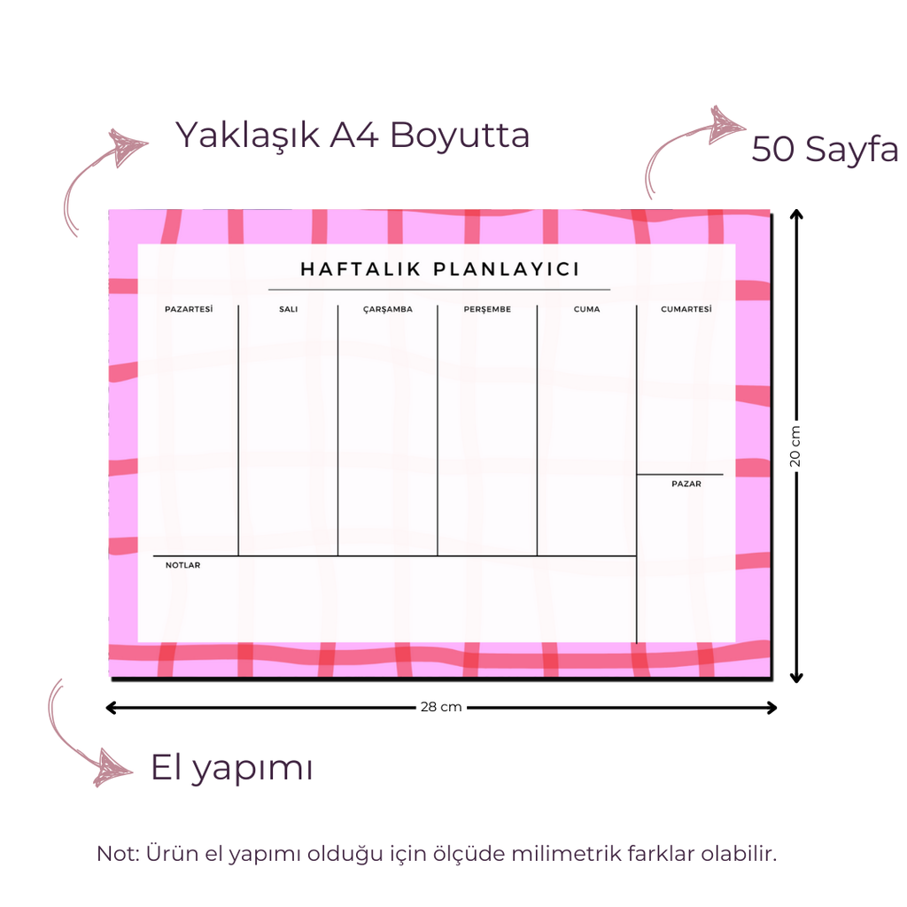 A4 Boyutunda Büyük Haftalık Planlayıcı - Geniş Alanı ile Organizasyonunuzu Kolaylaştırın! - Pinko