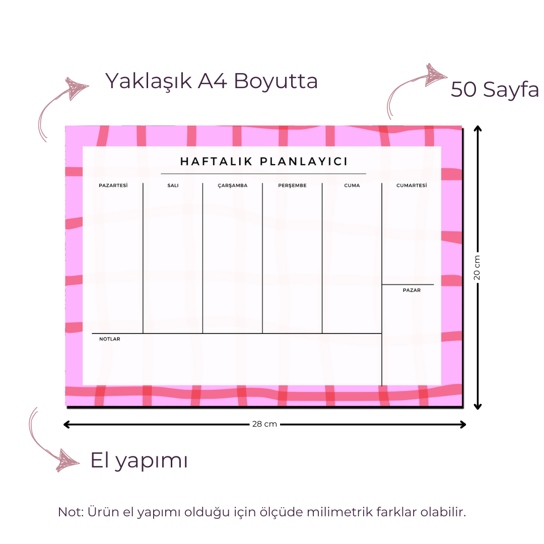 A4 Boyutunda Büyük Haftalık Planlayıcı - Geniş Alanı ile Organizasyonunuzu Kolaylaştırın! - Pinko