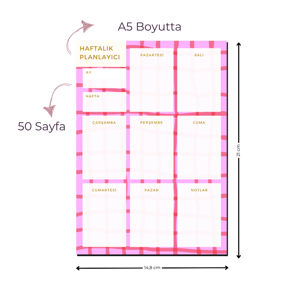 A5 Boyutunda Haftalık Planlayıcı - Organizasyon ve Verimlilik İçin Mükemmel Çözüm! - Pinko