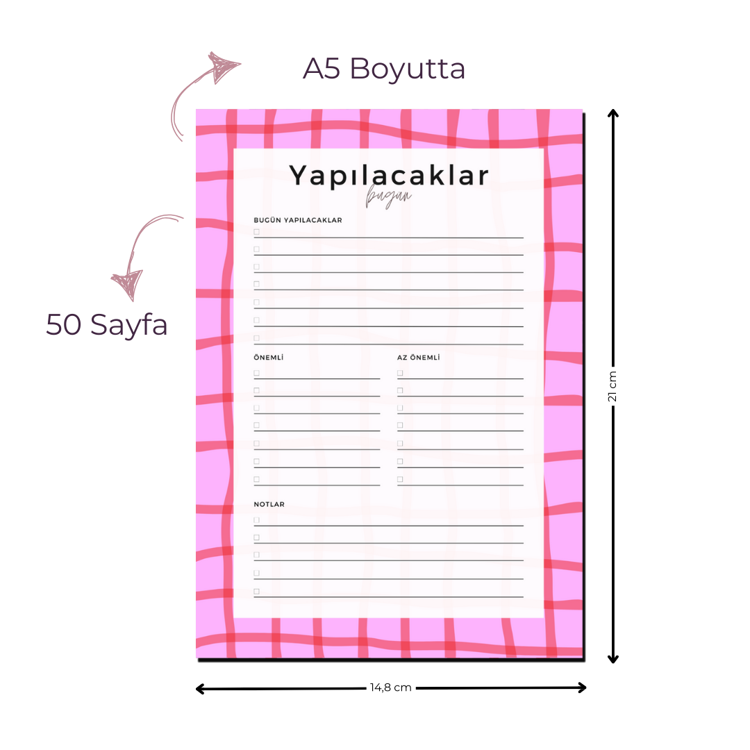 A5 Boyutunda Yapılacaklar Listesi Planlayıcı - Görevlerinizi Kolayca Takip Edin! - Pinko