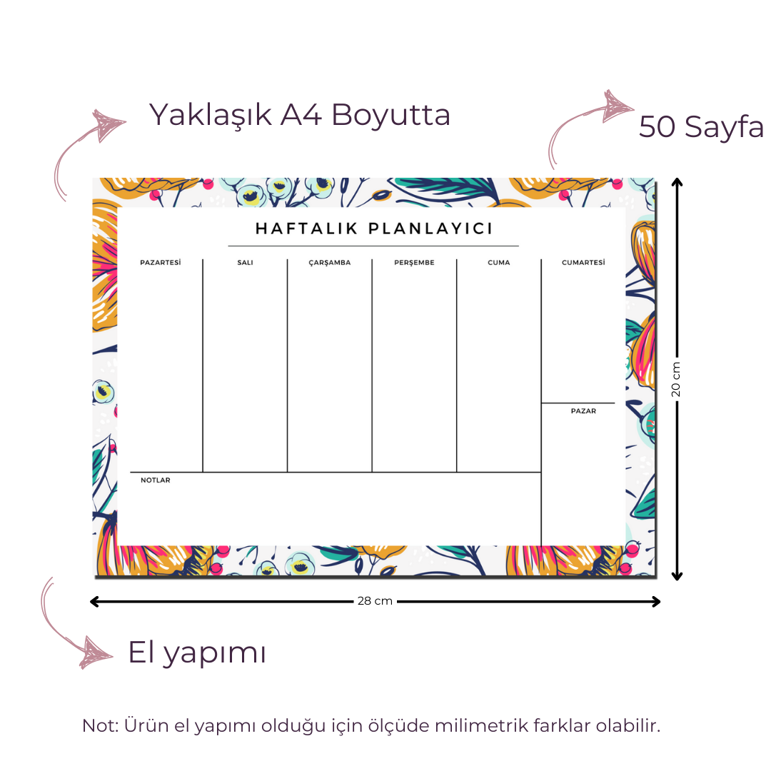 A4 Boyutunda Büyük Haftalık Planlayıcı - Geniş Alanı ile Organizasyonunuzu Kolaylaştırın! - Rose