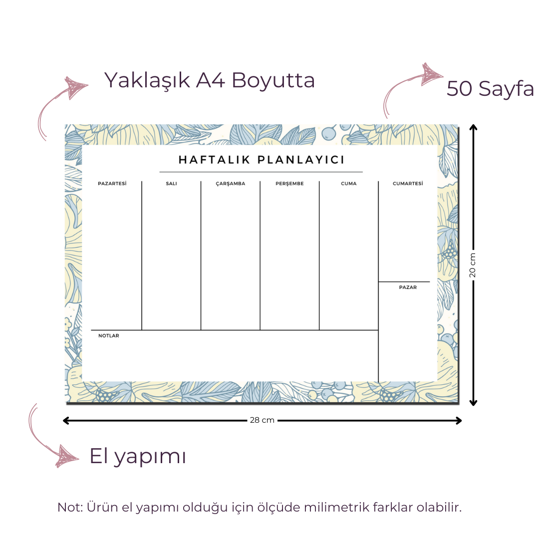A4 Boyutunda Büyük Haftalık Planlayıcı - Geniş Alanı ile Organizasyonunuzu Kolaylaştırın! - Sandy