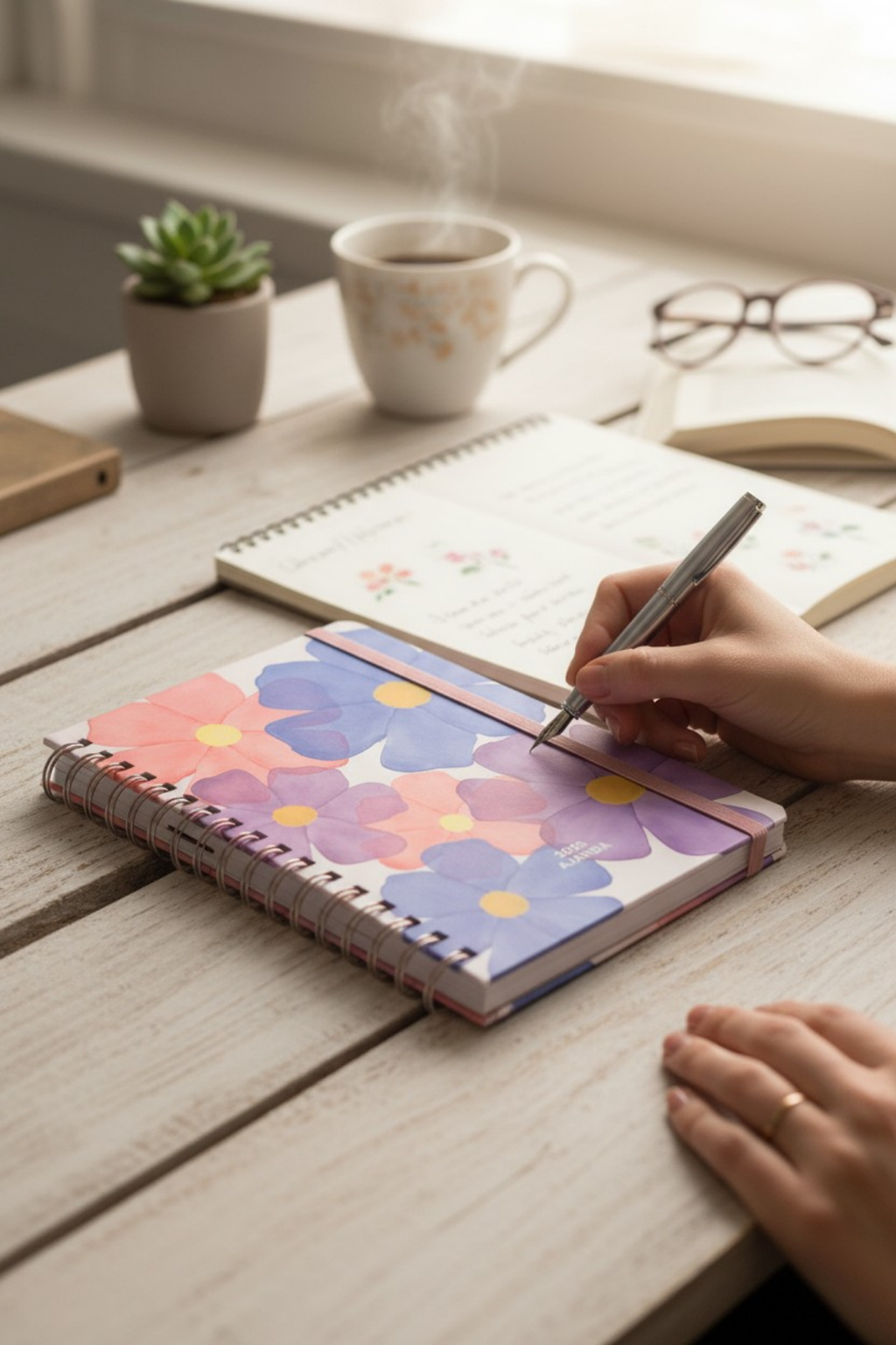 2026 Haftalık Ajandası - El Yapımı, 2 Sayfa Stickerlı - İri Çiçekli