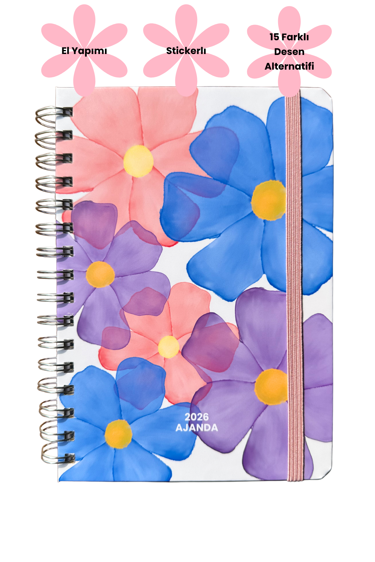 2026 Haftalık Ajandası - El Yapımı, 2 Sayfa Stickerlı - İri Çiçekli