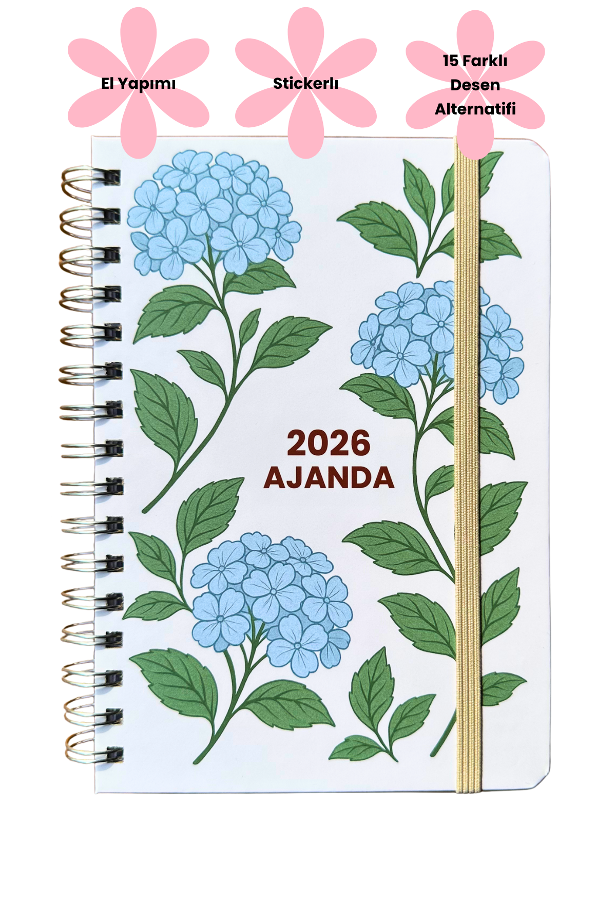 2026 Haftalık Ajandası - El Yapımı, 2 Sayfa Stickerlı - Mavi Ortanca