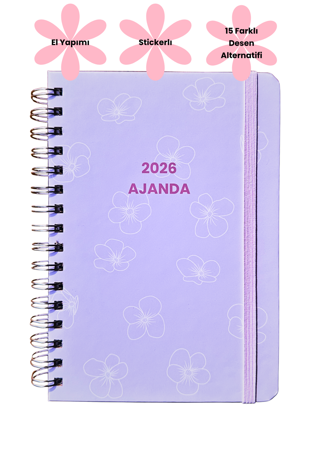 2026 Haftalık Ajandası - El Yapımı, 2 Sayfa Stickerlı - Eflatun Çiçekli
